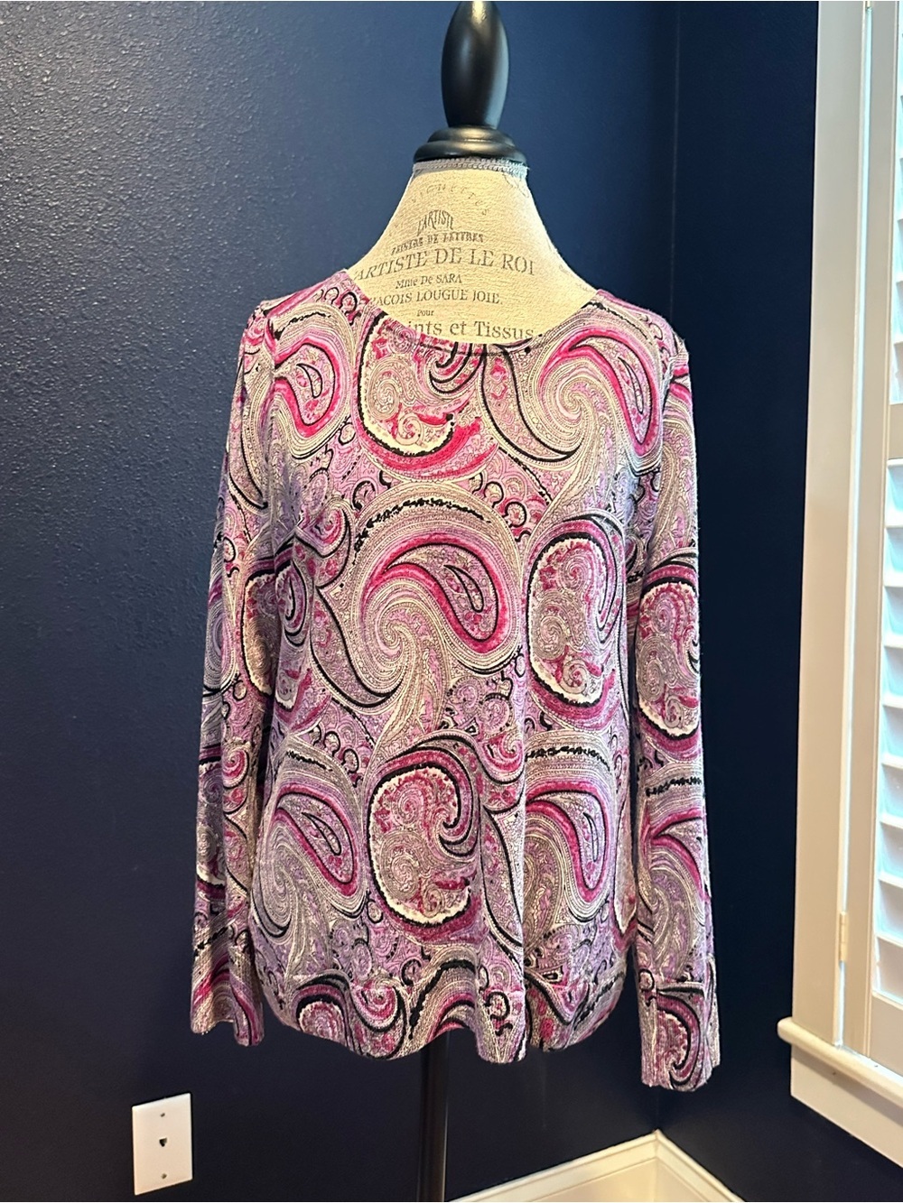 Talbots Pink and Gray Paisley Long-Sleeve 100% Merino Wool Light Sweater